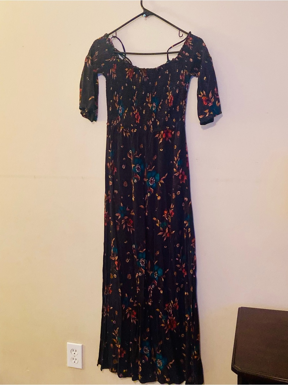 Xhilaration Black Floral Off-Shoulder Maxi with Teal and Rust Accents